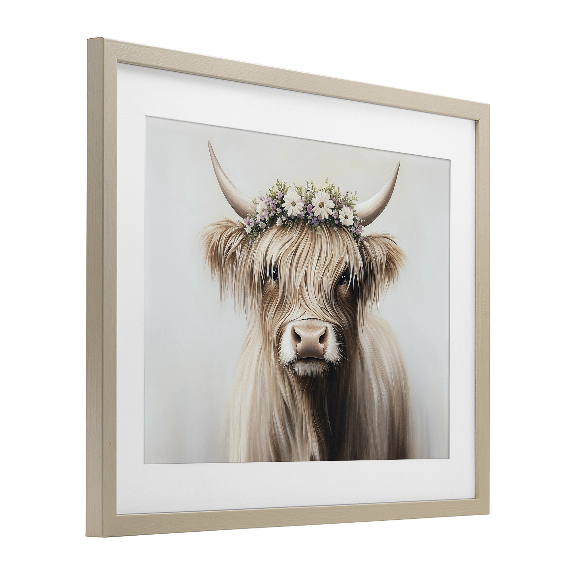 Shaggy Cattle Floral Crown Birch Framed Print Under Glass, design by Shawna Stewart