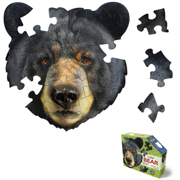 Madd Capp: I Am Bear - 24 Piece Puzzle - Kids Animal Head-Shaped Jigsaw, 16x16" Size, Oversized Pieces, Poster Reference, Educational Fun Fact Booklet