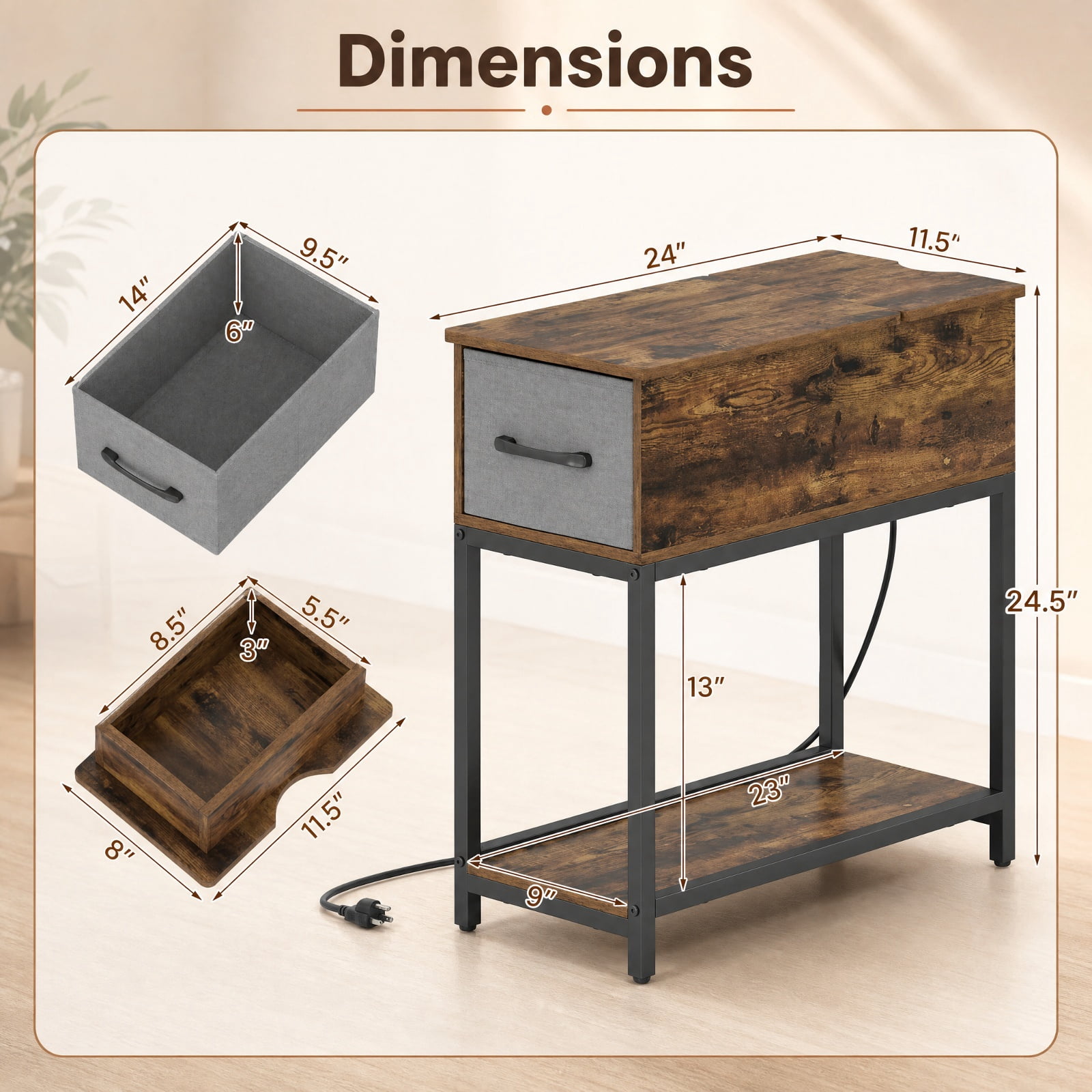 Furnibear Narrow Side Table with Charging Station LED Lights and Fabric Drawer Industrial End Table for Living Room Bedroom Sofa Side, Brown