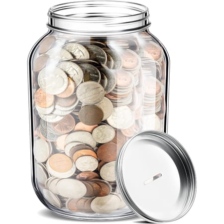 Yinkin 1 Gallon Large Clear Coin Bank Jar with Slotted Lid Large Piggy Change Bank for Adults Teens Holds About 3000 in Coins Glass Money Tip Change Savings Jar for Raffle Ticket Fund Adults Gift