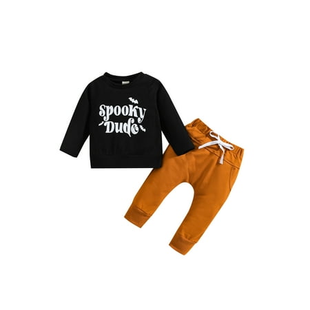 

Diconna Baby Boys Halloween Pants Set Long Sleeve Crew Neck Letters/Skeleton Print T-shirt with Pants Black Letters 6-12 Months