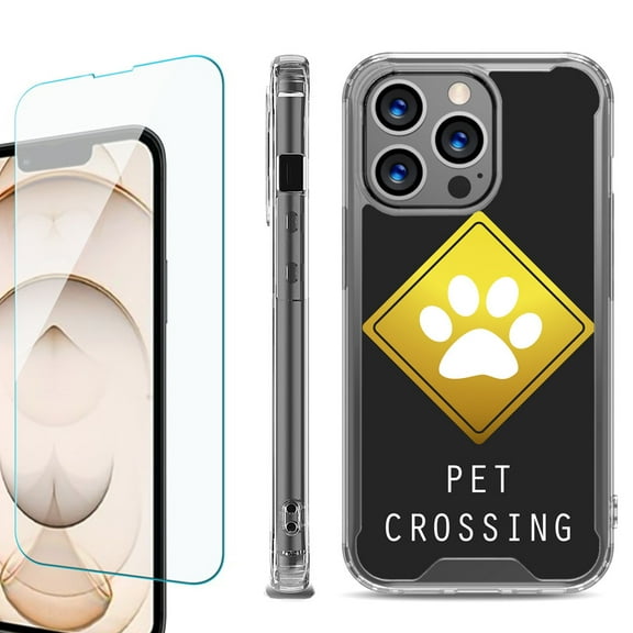 Shockproof Bumper Phone Case for iPhone 13 Pro Max, with Tempered Glass Screen Protector, by OneToughShield ® - Pet Crossing