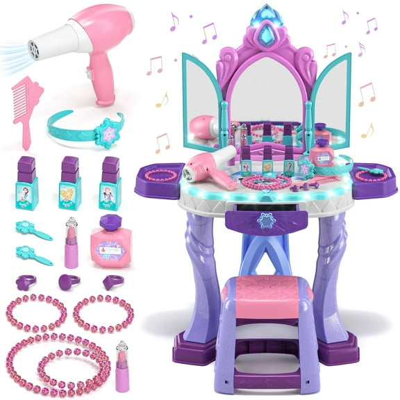 Kids Vanity Sets for Girls, Toddler Vanity Set Makeup Table for Kids, Girls Vanity with Mirror & Lights & Music Sound, Kids Makeup Vanity with Chair & Accessories, Toddler Toys for 2-5 Year Old Girls