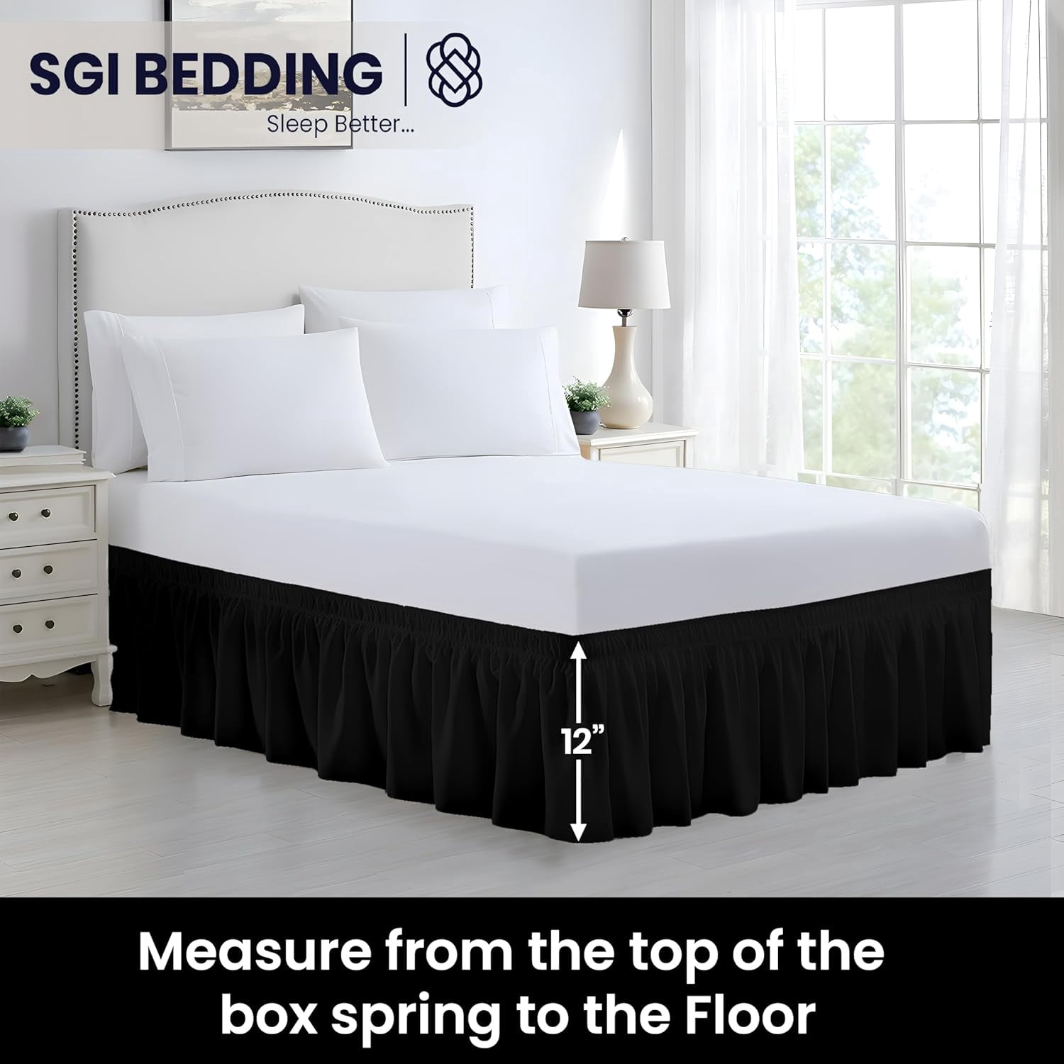 SGI bedding 12 inch Drop Wraparound Bed Skirt King Size - No Lifting Required, Adjustable Easy Fit Elastic Strap, Classic Gathered Styling Dust Ruffle, Fade Resistant -Black