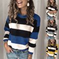 thumbnail image 2 of Women Autumn Long Sleeve Round Neck Sweater Contrasting Color Stripes Loose Pullover Tops Casual Knitted Rib Trim Jumper Shirts Streetwear, 2 of 19