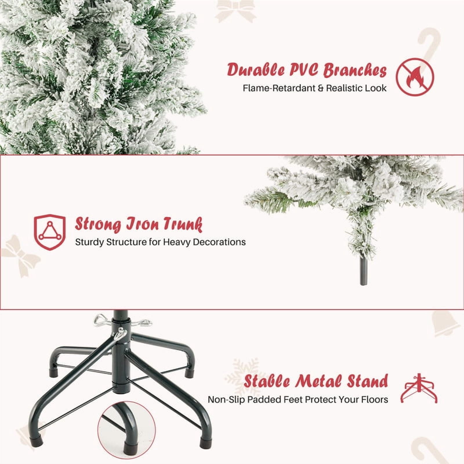 Gianna 9ft Snow Flocked Pencil Christmas Tree, Prelighted Artificial Slim Christmas Trees with 500 Incandescent Lights, 1100 Branch Tips & Foldable Base for Home, Office, Party Decoration