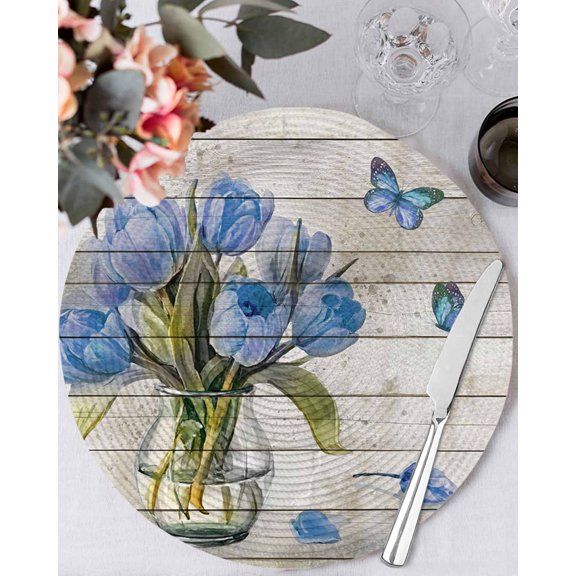 15 Inch Round Placemats Set of 6, Blue Tulip Non Slip Heat Insulation PP Table Mats, Vintage Spring Floral Retro Art Butterfly Wooden Washable Place Mats for Kitchen Dining Party Table Decor