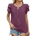 thumbnail image 2 of Fanxing Womens Summer Chiffon Tops Ruffled Short Sleeve T Shirts with Keyhole Basic Solid Color Tees Shirt Purple,L, 2 of 8