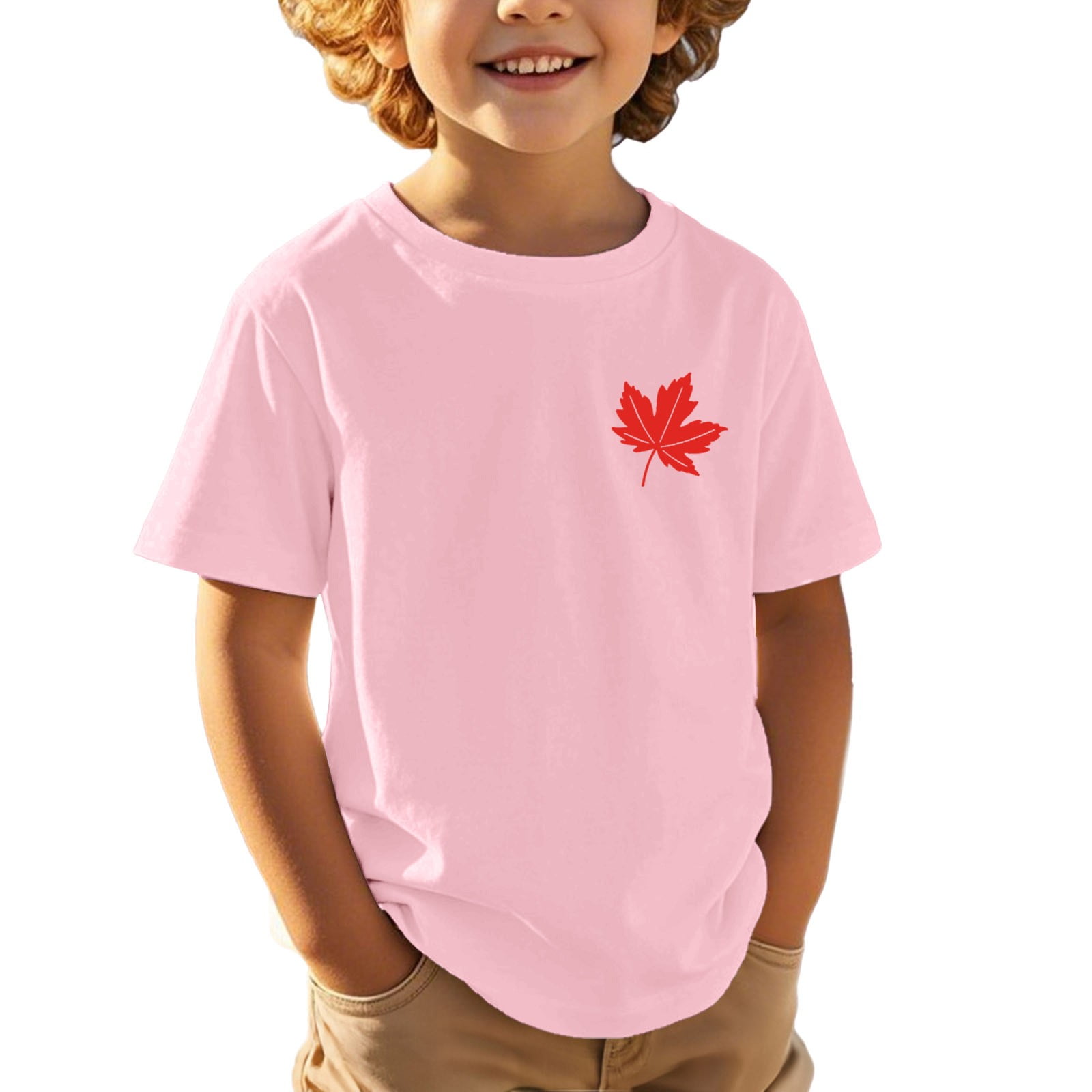 T-shirt Garçon Fête Nationale Canada/Europe - Imprimé Feuille D'érable - Manches Courtes Décontracté - Polyester