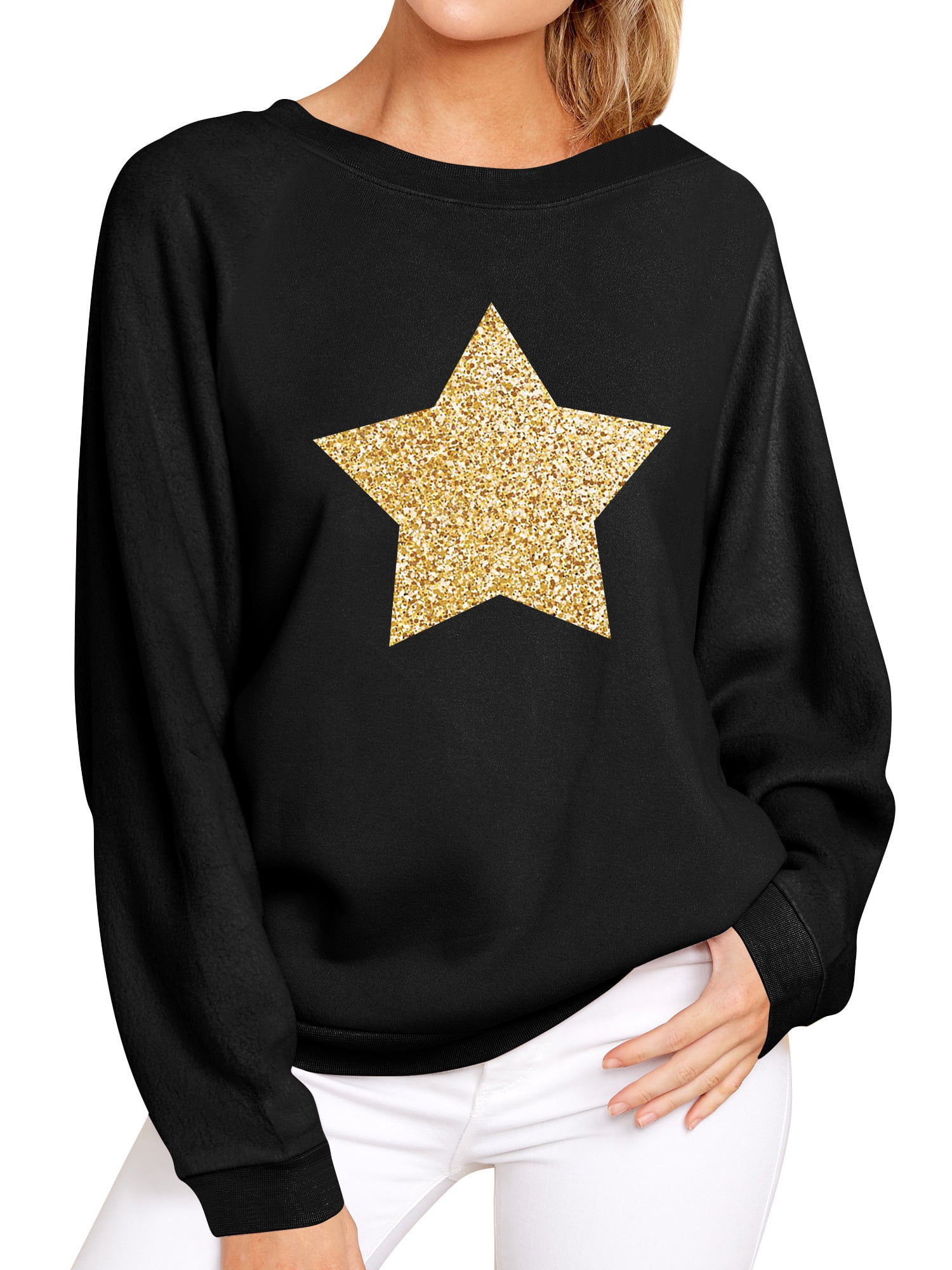 Women Sequin Star Printed Crew Neck 