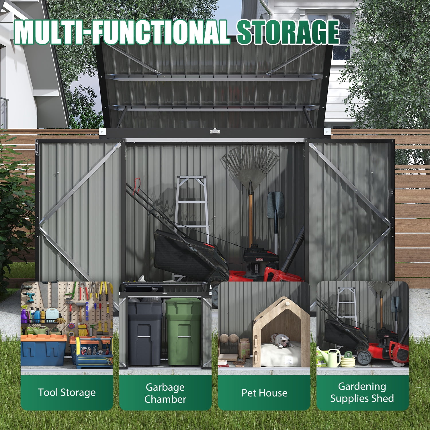 Clouddwell 3 x 5 FT Trash Can Storage 79 Cu Ft, Storage Shed Outdoor Metal Garbage Can Shed with Lockable Doors and Easy Lift Hinges, Black