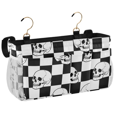 Ryvnso Bedside Caddy Cool Skulls on Checkered Bedside Storage Bag Hanging Organizer