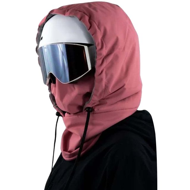 Visland Skiing Hat Waterproof 3-in-1 Thickened Fleece Lining Outdoor Riding Headgear Adjustable Drawstring Snowproof Thermal Hood. The image shows a pink balaclava-style hood with a thick fleece lining, worn over a white helmet and paired with ski goggles. The hood features an adjustable drawstring for a secure fit and is designed for winter activities like skiing, snowboarding, and cycling. Made from 100% waterproof polyester, it offers protection against wind, snow, and rain.