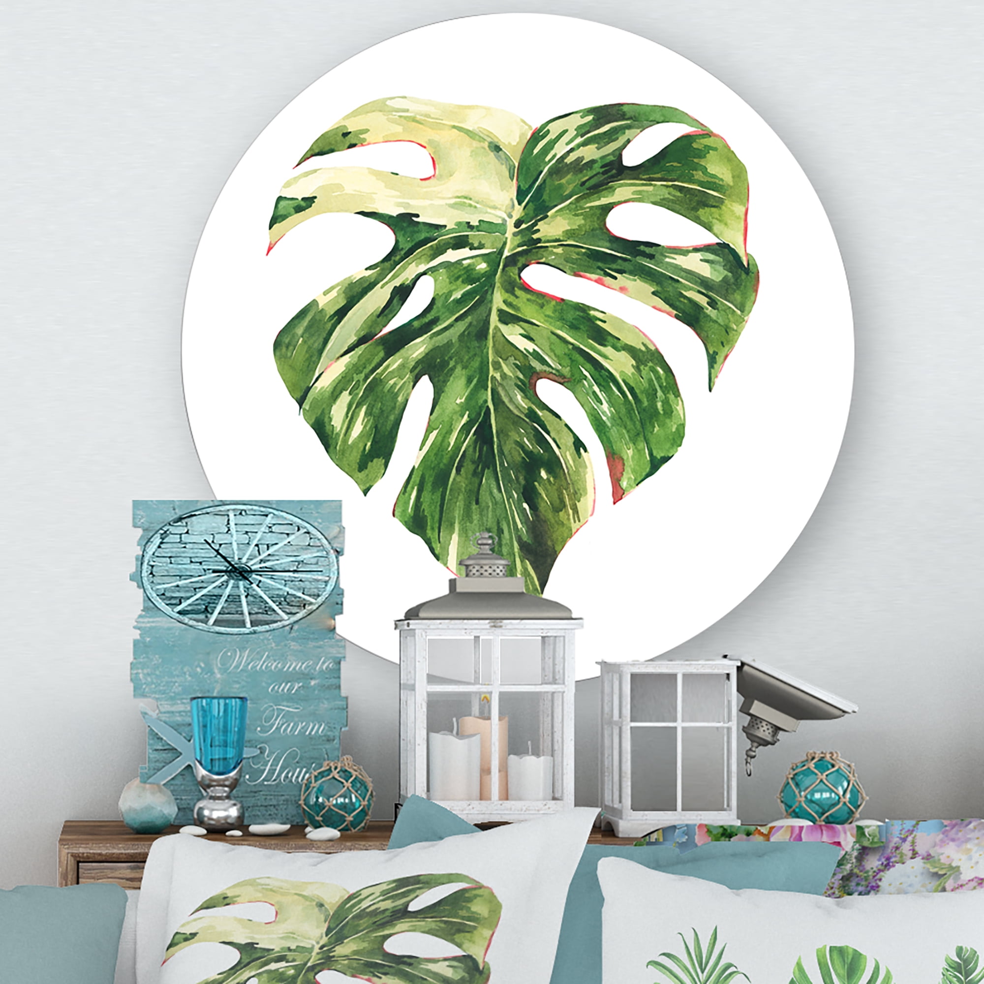 Designart 'Tropical Green Leaves On White In Summer Times III' Tropical Circle Metal Wall Art 23x23 - Disc of 23