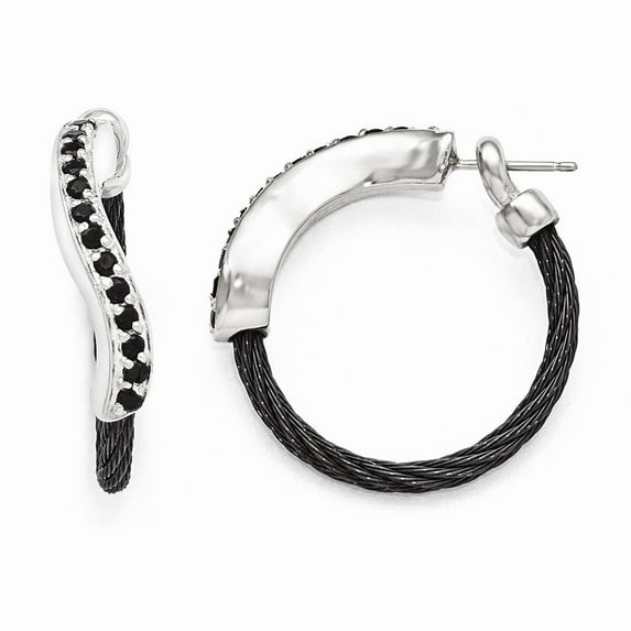 Two-Tone Titanium Silver Earring Hoop Silver Tone Women'S Black Spinel Round 27 mm