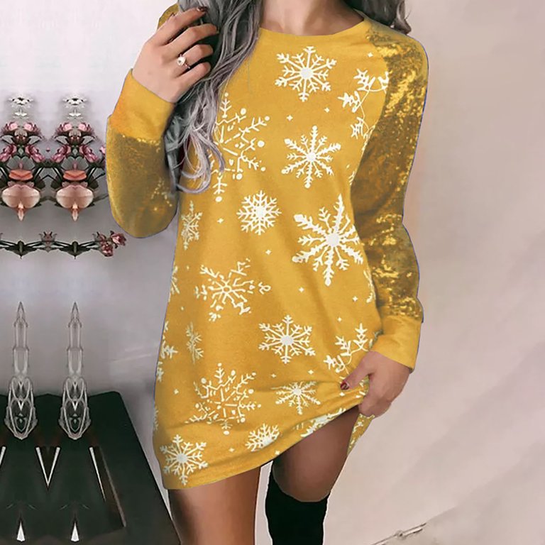 Women's Casual Long Pullover Christmas Printed Sweatshirt Dress Long Sleeve  Round Neck Mini Holiday Sweater Dresses