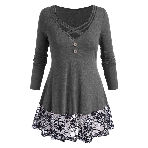 Camiseta con Panel de Encaje de Talla Extra Rosegal Mangas largas de talla grande