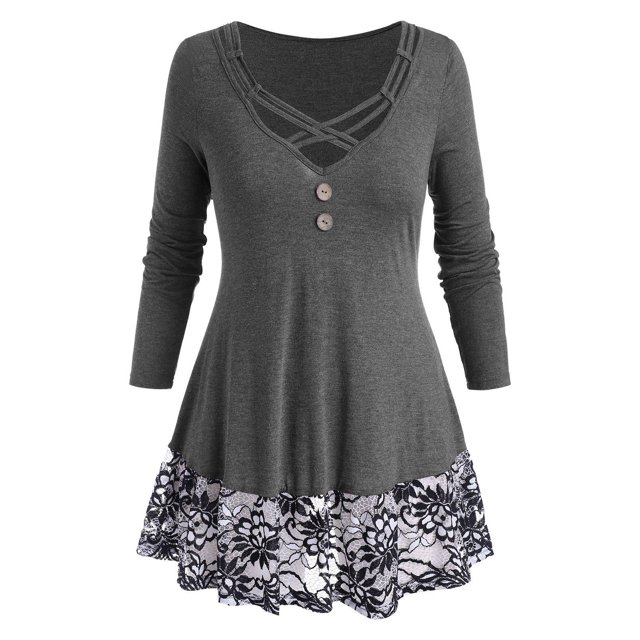 Camiseta con Panel de Encaje de Talla Extra Rosegal Mangas largas de talla grande