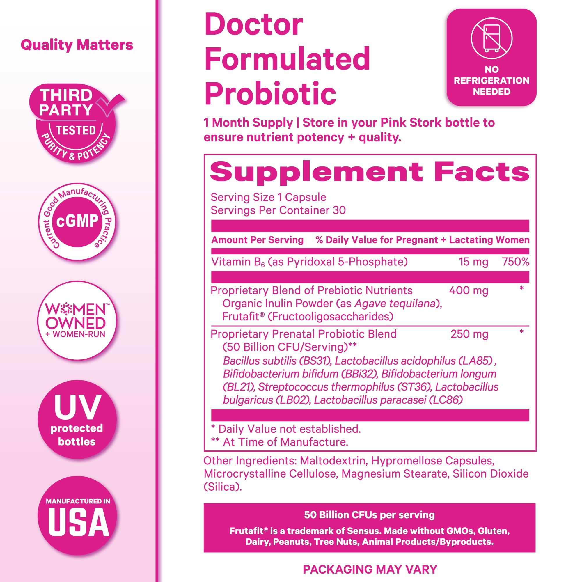 Pink Stork Prenatal Probiotics for Pregnancy, Digestive and Immune Support with Prebiotics & B6, 30 Servings