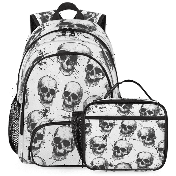 Herdesigns Sugar Skeleton Black White Skull Large Backpack Set with Lunch Box Lightweight Water Resistant Travel Laptop Backpacks Casual Daypacks for Women Men