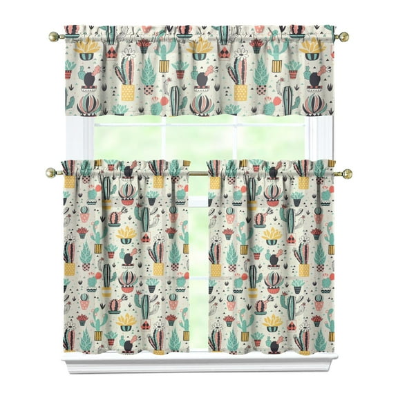 Watercolor Cactus Kitchen Curtains Set - Minimalist Botanical Tier Curtains with Valance (Farmhouse Rod Pocket Design)