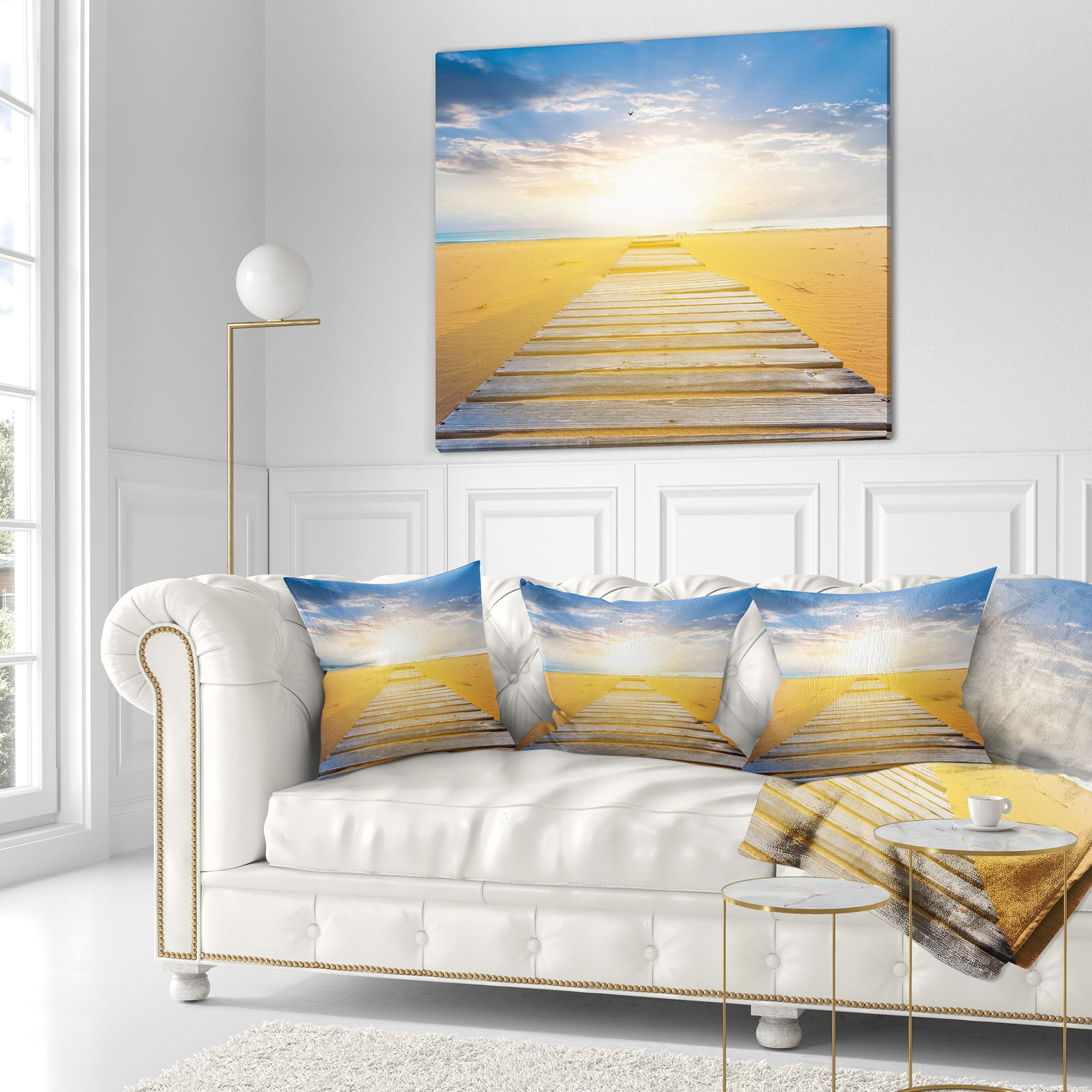 Designart Wooden Road at Blue Sea Beach - Sea Bridge Throw Pillow - 16x16