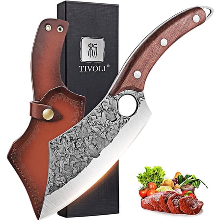 TIVOLI Meat Cleaver Knife Hand Forged Full Tang Butcher knife for Meat Cutting High Carbon Steel Viking Knife with Sheath for Kitchen Outdoor Camping BBQ Father s Day Christmas Gift Men Women