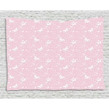 Butterfly Tapestry Wall Hanging - Butterfly Tapestry, Butterfly Silhouettes on Flowered Soft Background Ornamental Design Nature, Wall Hanging for Bedroom Living Room Dorm Decor, 60W X 40L Inches, Pale Pink White, by Ambesonne