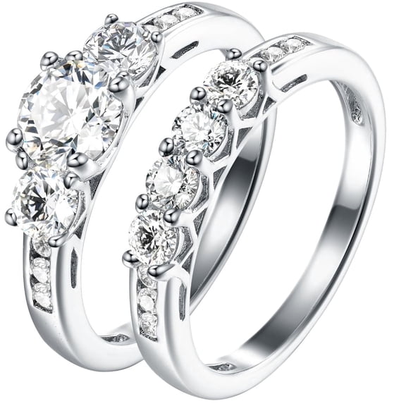 Hidden Gems Jewelry 2Ct Round Three Stone CZ Engagement Ring Set for Women 925 Sterling Silver Size 5-10