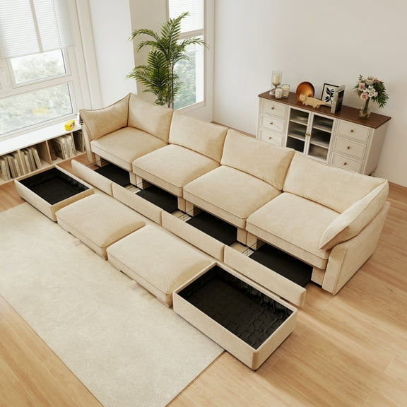 U Shape 4-Seater Deep Seat Sofa with 2 Movable Ottomans, Oversized Modular Sectional Couch with Storage Drawers Under Seats, Chenille Wheat
