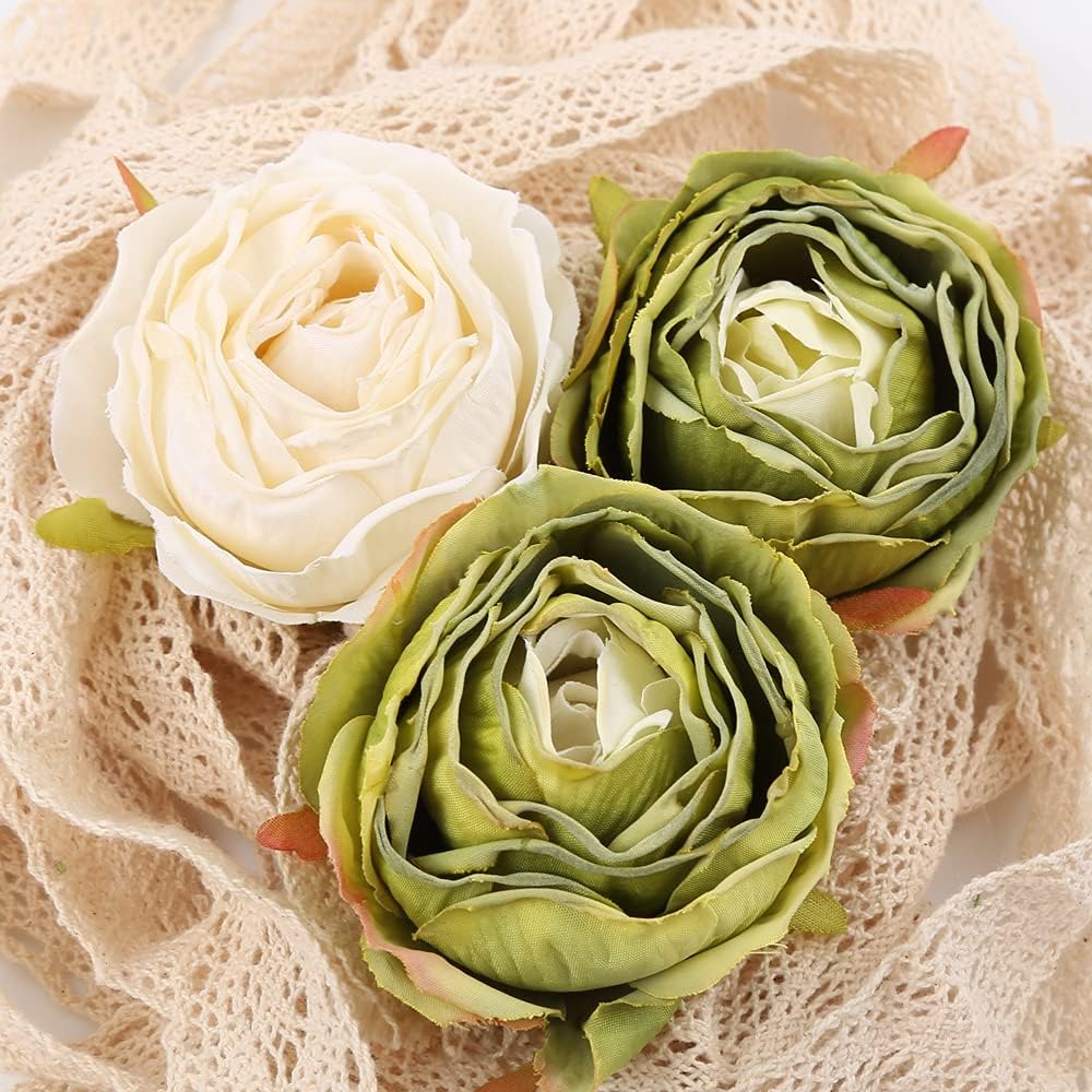 White Roses Artificial Flowers Heads Bulk, Vintage Dried Flowers Artificial Rose Heads Green Fake Rose Wedding Centerpieces for Dining Table Decor Wall Flowers Decorations (White Green)