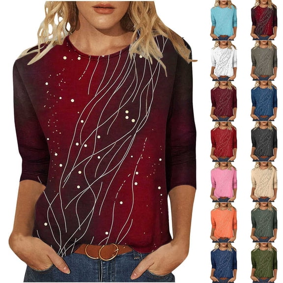 Jsaierl Tops for Women 3/4 Sleeve Plus Size Round Neck Shirts Cute Graphic Ladies Blouses Workout Cotton T-shirts Top S-3XL