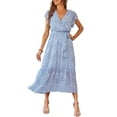 thumbnail image 1 of Vestido PRETTYGARDEN Maxi Floral Azul Claro con Escote Cruzado y Cinturón Talla L, 1 of 8