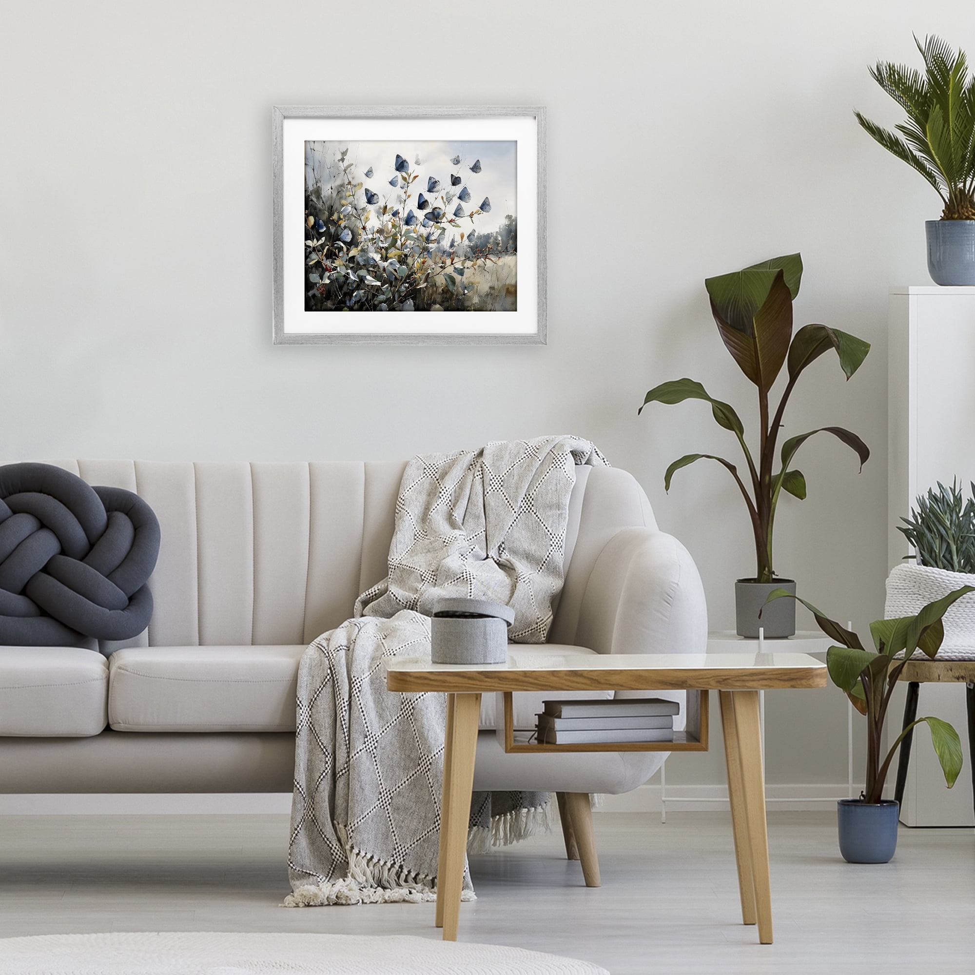 Stupell Industries Blue Butterflies Among Meadow Leaves Gray Framed Print Under Glass, design by Franklyn Gregory