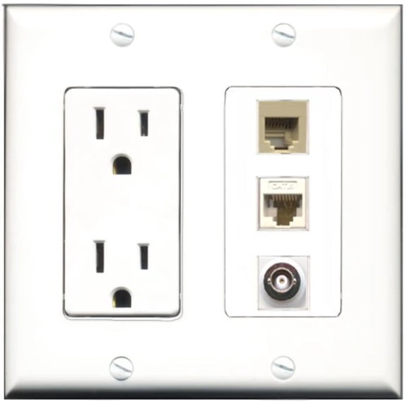 RiteAV - 15 Amp Power Outlet 1 Port Phone Beige 1 Port BNC 1 Port Cat6 Ethernet Ethernet White Decorative Wall Plate