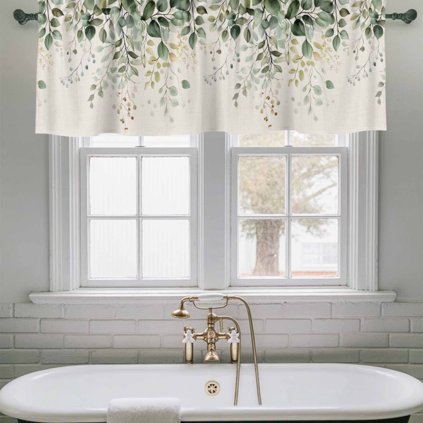 2 Pack Eucalyptus Leaf Valance for Window Country Plant Linen Texture Kitchen Valance Rod Pocket Short Curtain Topper Decorative Window Treatment for Living Room Bedroom 42"x18"