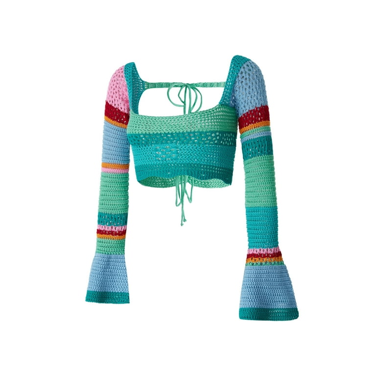 Color block hollow out drawstring knitted sweater sale