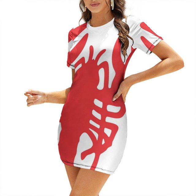Robe Évasée Homard Rouge Col Carré Robe Élégante Mode Féminine Imprimée Robe Rouge Blanc Couleur Homard Poissons Homards