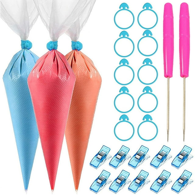 122 Pieces Tipless Piping Bags - 100pcs Disposable Piping Pastry Bag for Royal Icing/Cookies Decorating - 10 Pastry Bag Ties,10 Clips &2 Scriber Needle - Best Cookie/Cake Decorating Tools (Red)