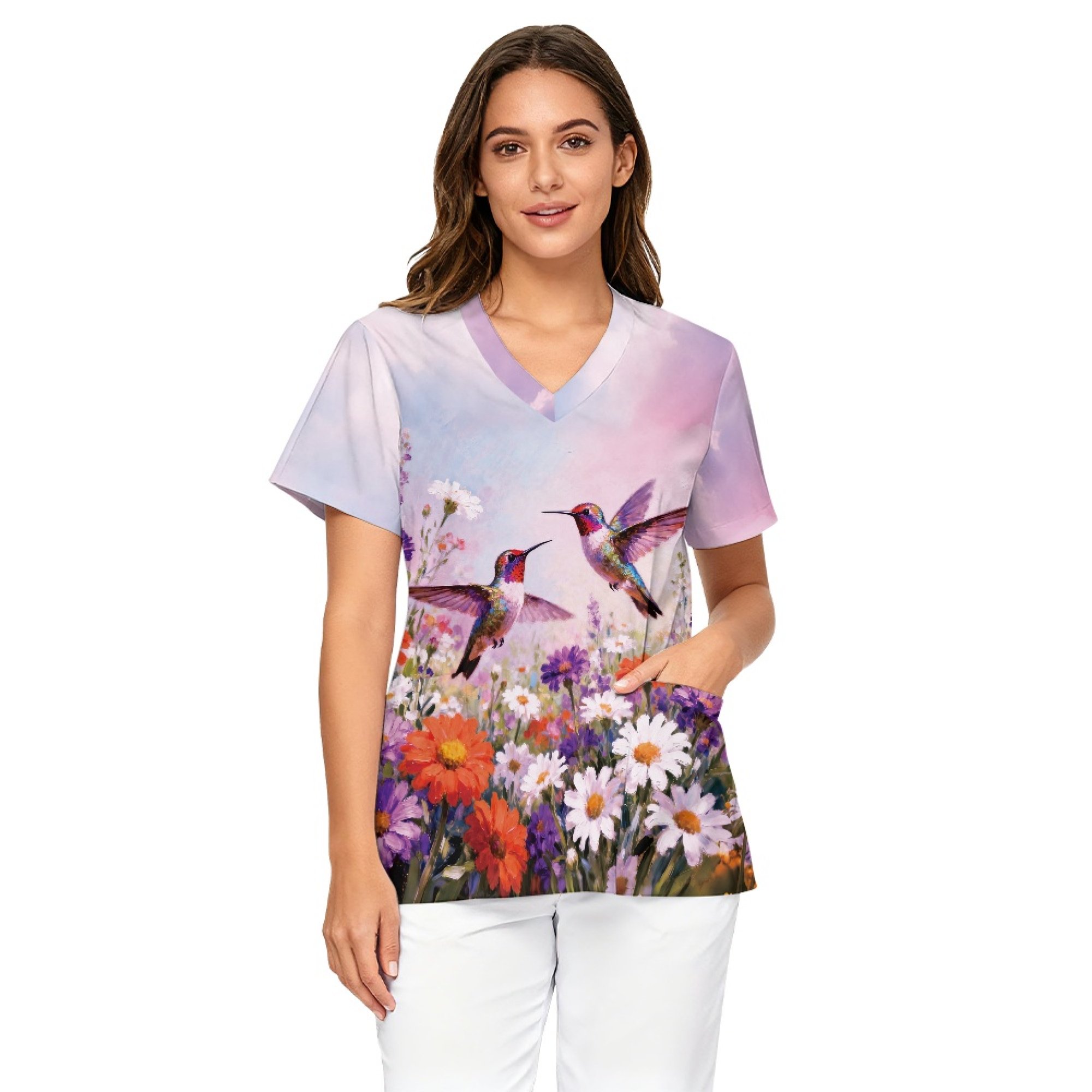 Binienty Hummingbird Field Scrub Top Soft Stretch Comfortable, Medical Scrub Top with Pockets for Women Healthcare Workers