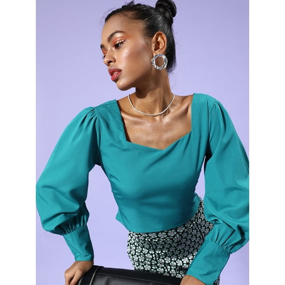 DressBerry - By Myntra Women Casual Stylish Blue Solid Volume Play Long Sleeves Ready to Wear Regular Polyester Sweetheart Neck Top