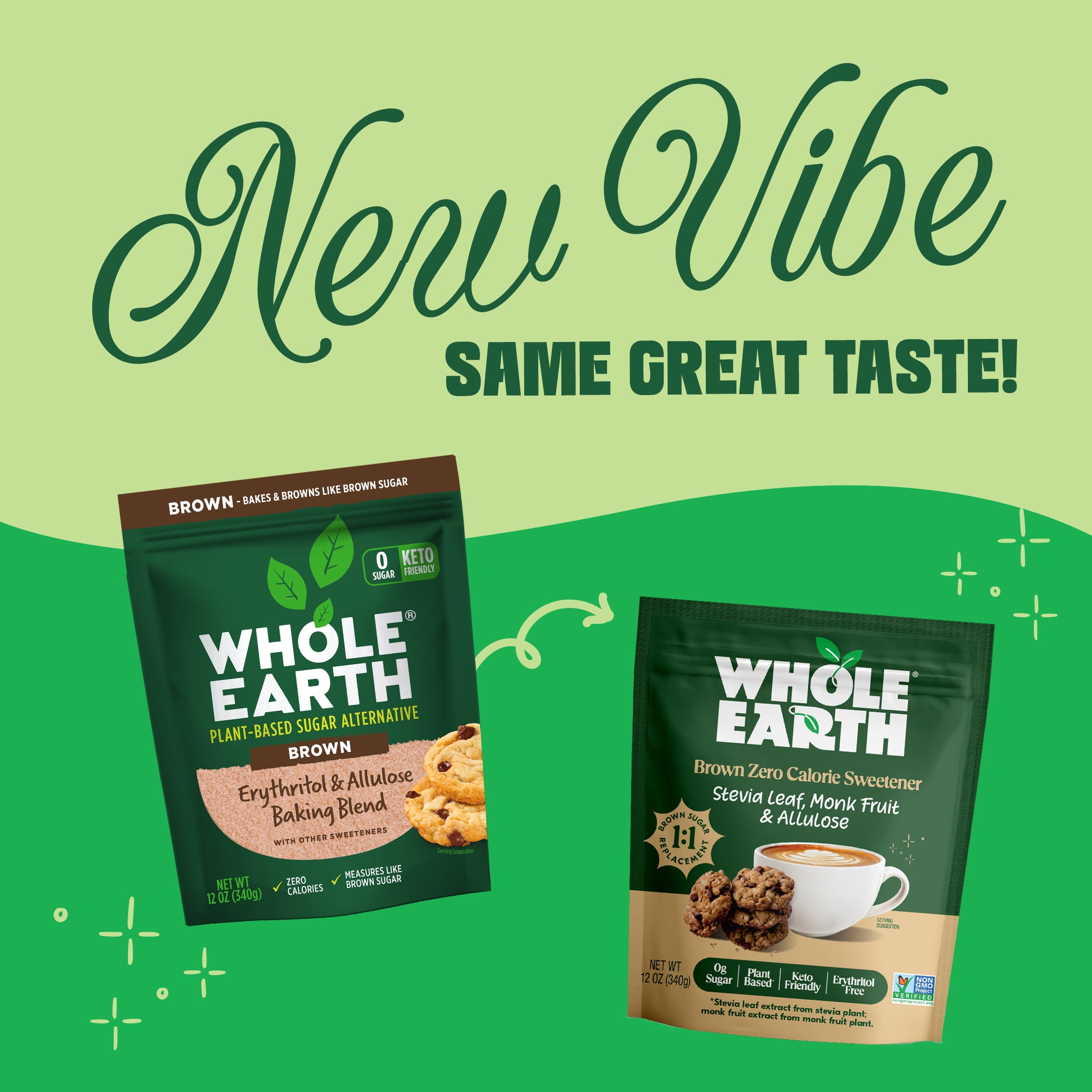 Whole Earth Brown Zero Calorie Stevia, Monk Fruit & Allulose Sweetener, Zero Calorie Sugar Substitute, Non-GMO, Erythritol-Free, Pouch, 12oz Pouch