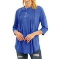 thumbnail image 6 of ZXSXSY Women Pleated Button Notch Neck 3/4 Sleeves Scoop Hem Plain Blouse, 6 of 11