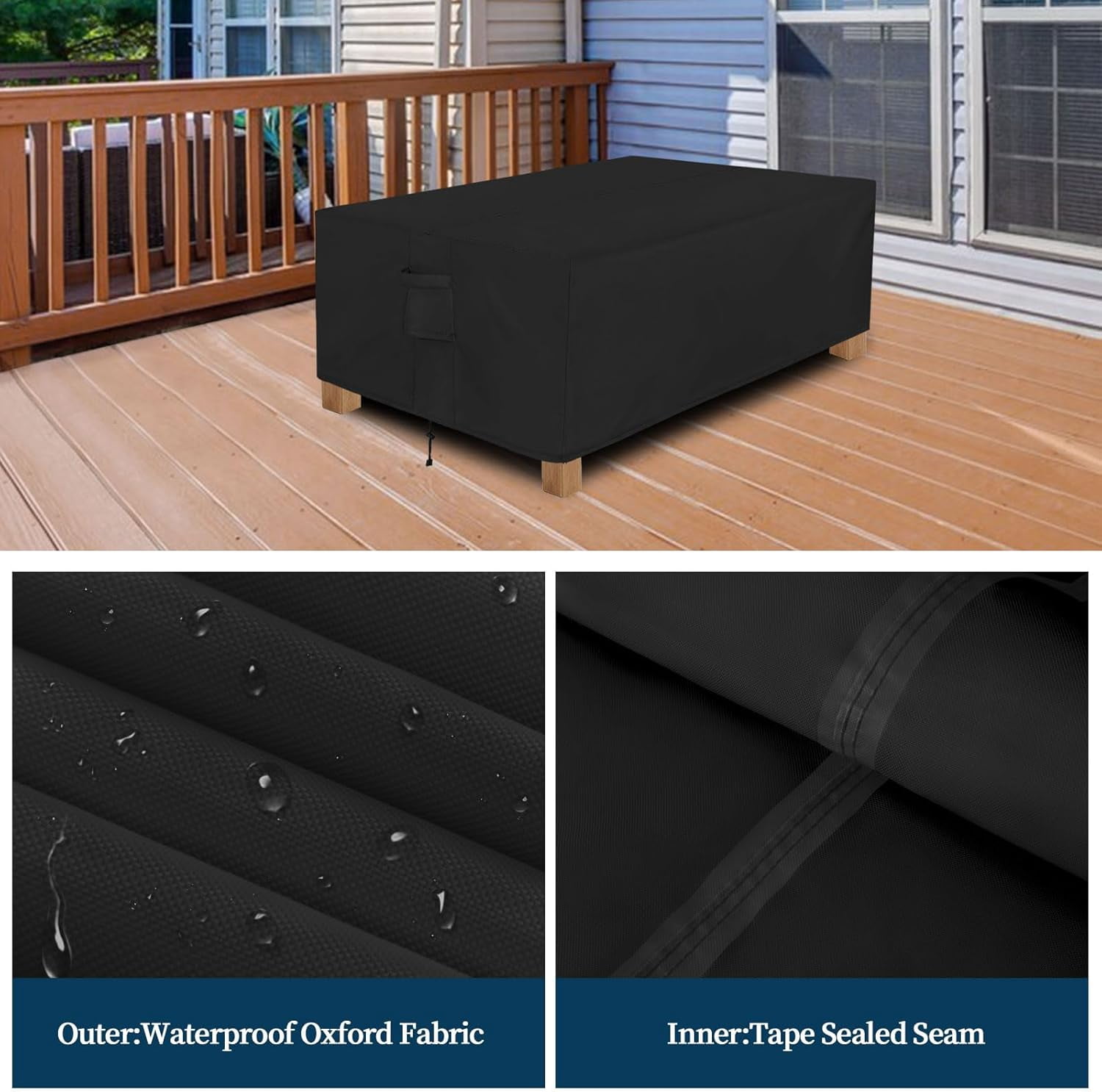 General Patio Furniture Cover Waterproof Outdoor Rectangular Coffee Table Cover with Seal Tape at Seams (48" L x 28" W x 16" H, Black)