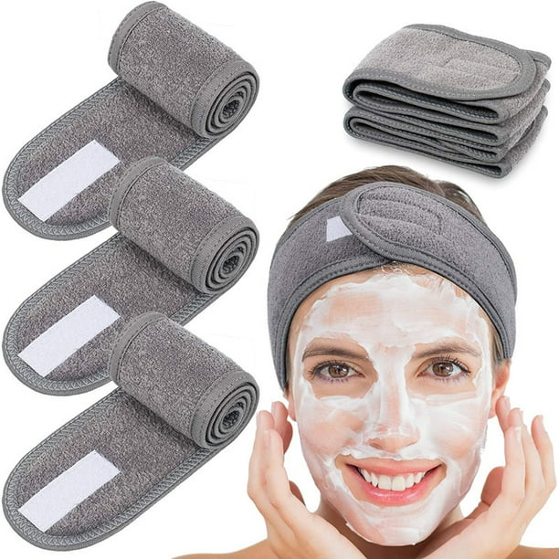 Banda para el cabello de microfibra para mujer, maquillaje, spa, banda para el cabello lavable para el cuidado de la cara, banda ajustable con cinta mágica para baño, desmaquillaje y deporte, gris oscuro, paquete de 5 Rojo Verde