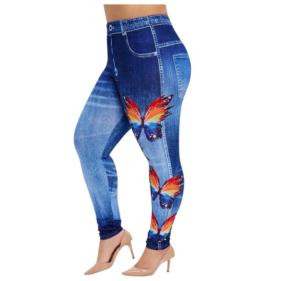 Bescita Women'S Plus Size Casual Imitation Cowboy Leggings Elasticity Slim Cropped Pants