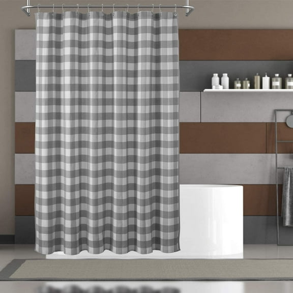Extra Long Buffalo Check Shower Curtain: Cotton Blend Plaid Woven Texture & Machine Washable, Water-Repellent, Rustic Farmhouse Style for Bathroom - Gray and White, 72x84 Inch