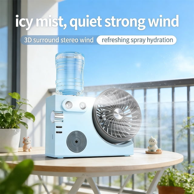 Weloille USB Rechargeable Atomizing Desktop Fan, Ultra Quiet Mini Cooling Air Cooler Fan with Data Cable, Portable 2 Speed Adjustable Misting Fan, for Home Office Desk Outdoor Travel Use