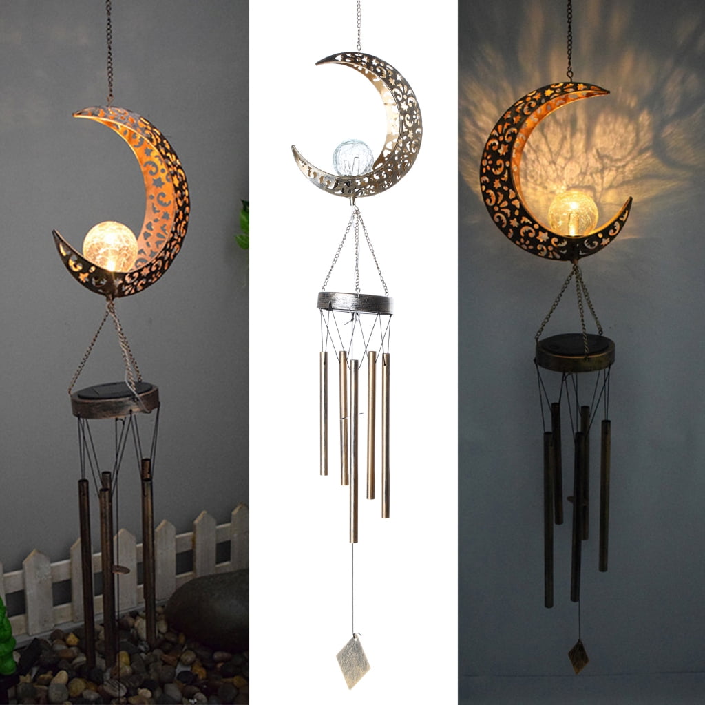 Elegant Solar Wrought Iron Hollow Moon Lamp Wind Chime Metal Multi-tube Hanging