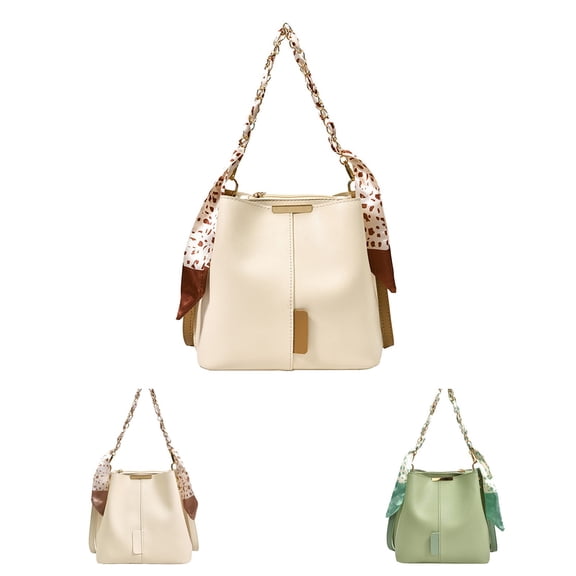 Stylago Women Leather Bucket Tote Bags with Ribbon Fashion Shoulder Purses Versatile Crossbody Bags Ladies Zipper Handbag Beige